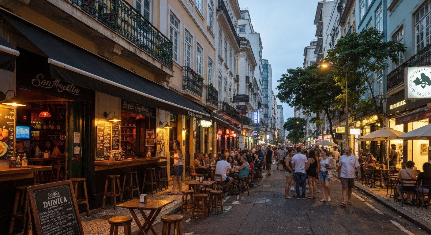 Rua Arnaldo Quintela in Botafogo at dusk, bar fronts glowing, sidewalk tables spilling into the street and people standing shoulder to shoulder between venues