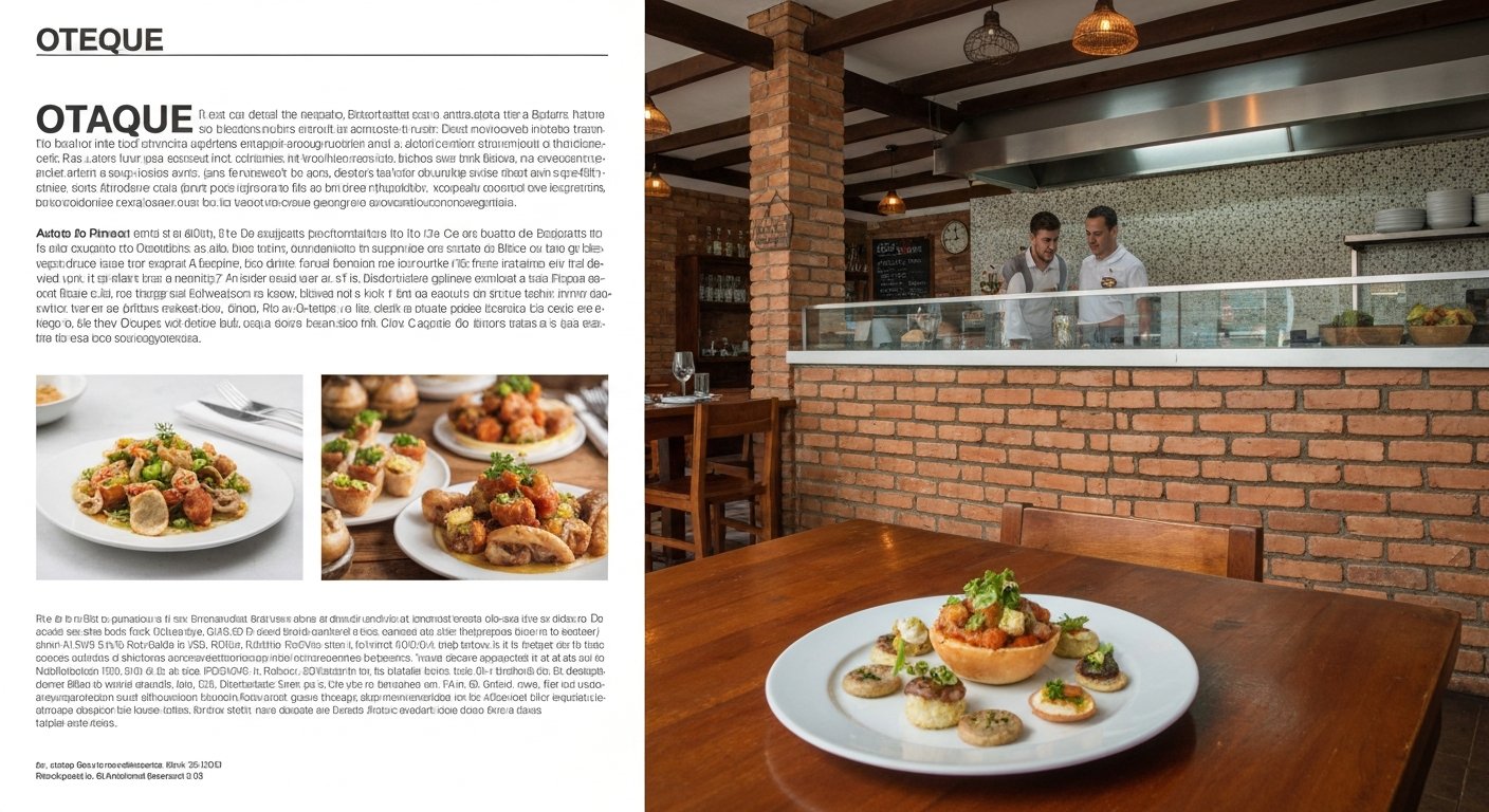 the open kitchen and brick-walled dining room at Oteque in Botafogo, with a tasting-menu plate in the foreground and the daily-catch aquarium visible behind