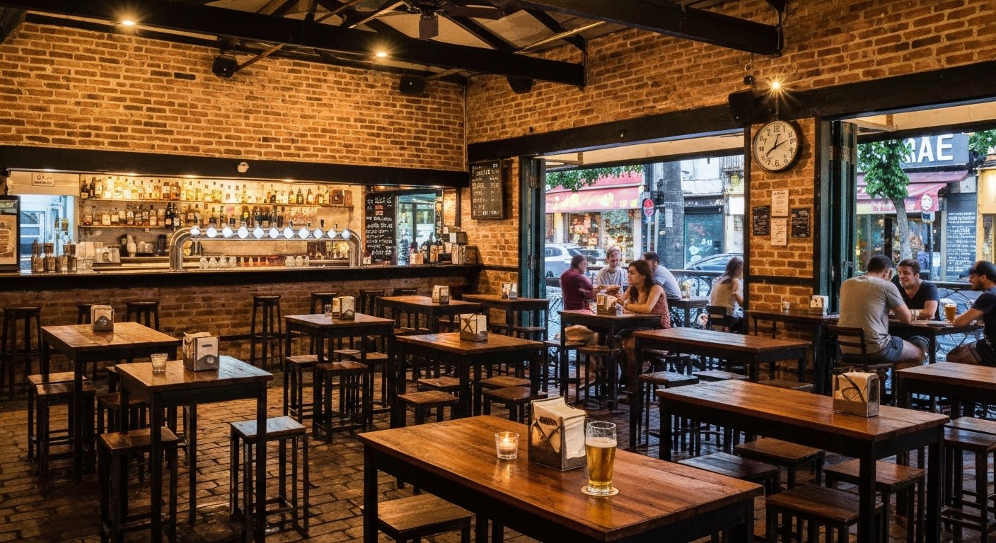 the exposed-brick interior of Hocus Pocus DNA in Botafogo, shared tables, rotating taps and pints under warm late-night light