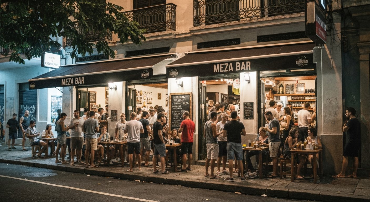 the packed frontage of Meza Bar on Rua Capitão Salomão at night, small plates on tables and people standing in the street with drinks in hand
