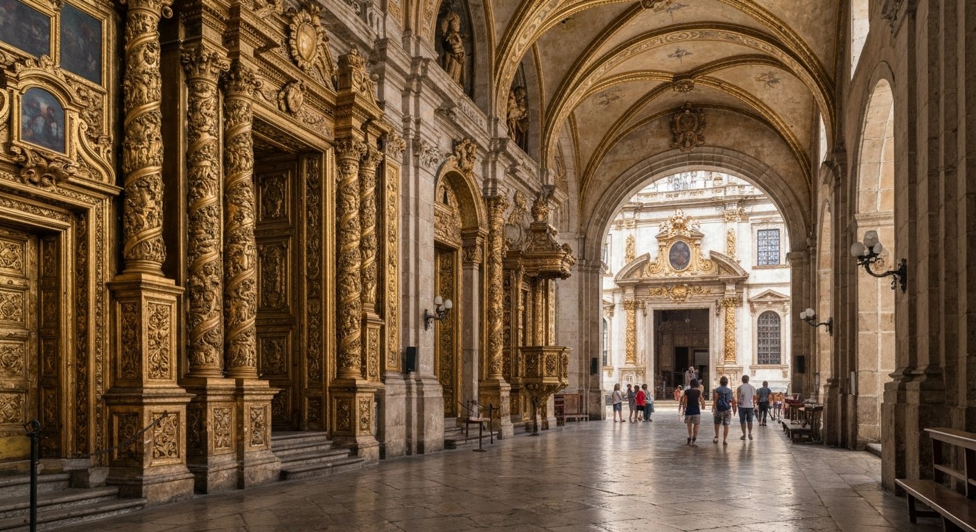 l'interno barocco dorato del Mosteiro de São Bento, con intagli dorati che catturano la morbida luce del giorno sotto gli archi ombreggiati del monastero