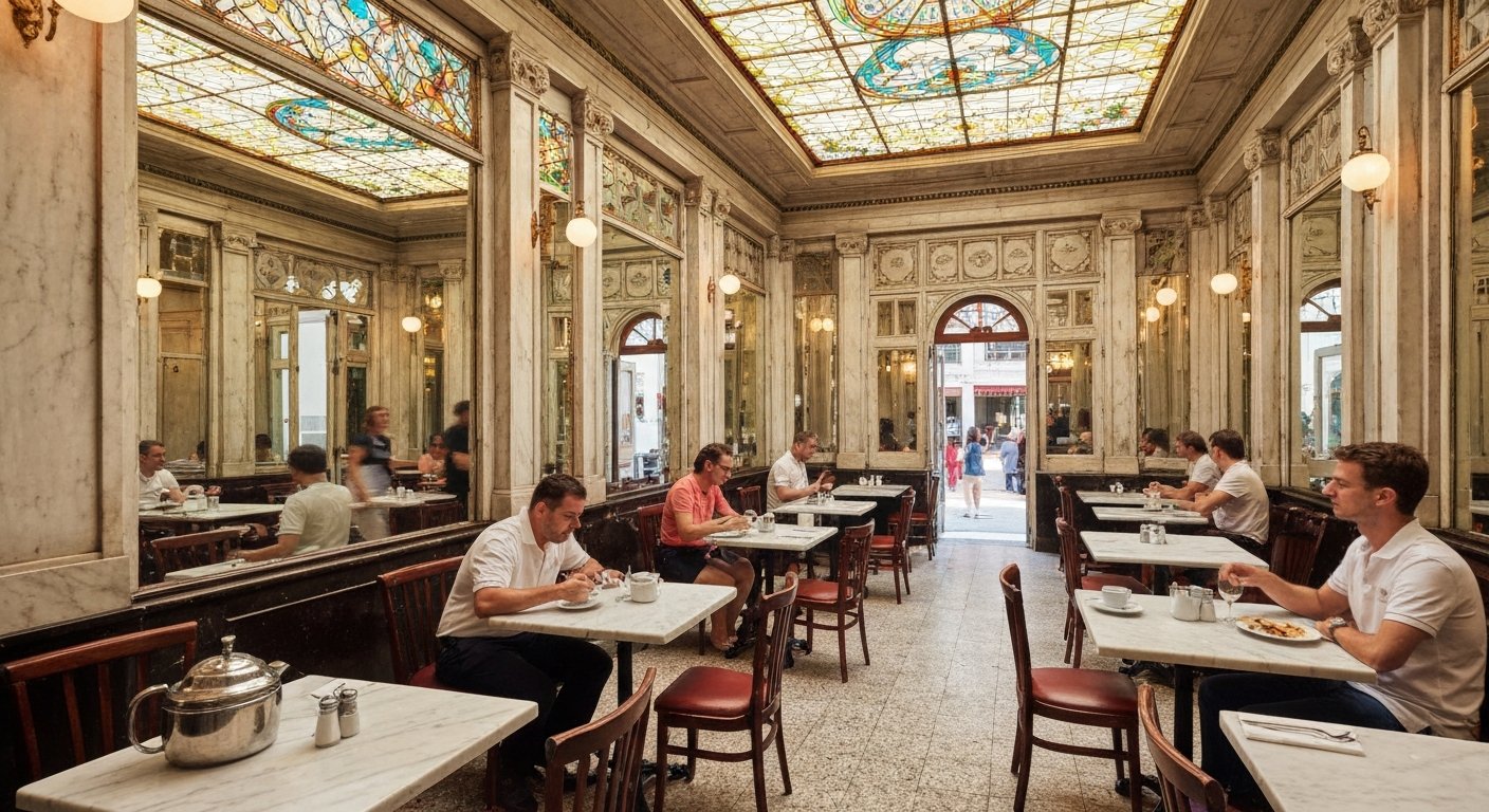 la sala da pranzo in marmo e jacaranda della Confeitaria Colombo, con pareti a specchio, lucernario in vetro colorato e servizio di caffè a metà mattina