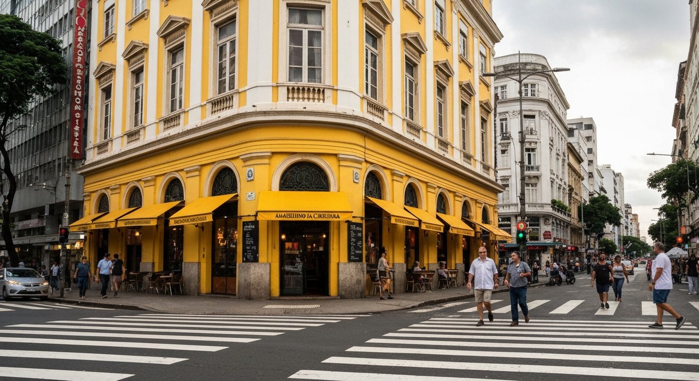 la terrazza all'angolo gialla dell'Amarelinho da Cinelândia sotto il Theatro Municipal, con chopp freddo e pedoni che attraversano Praça Floriano nel tardo pomeriggio