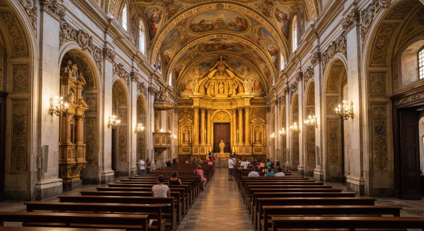 l'elaborato interno dorato dell'Igreja de São Francisco da Penitência, con il soffitto dipinto che brilla sopra la navata