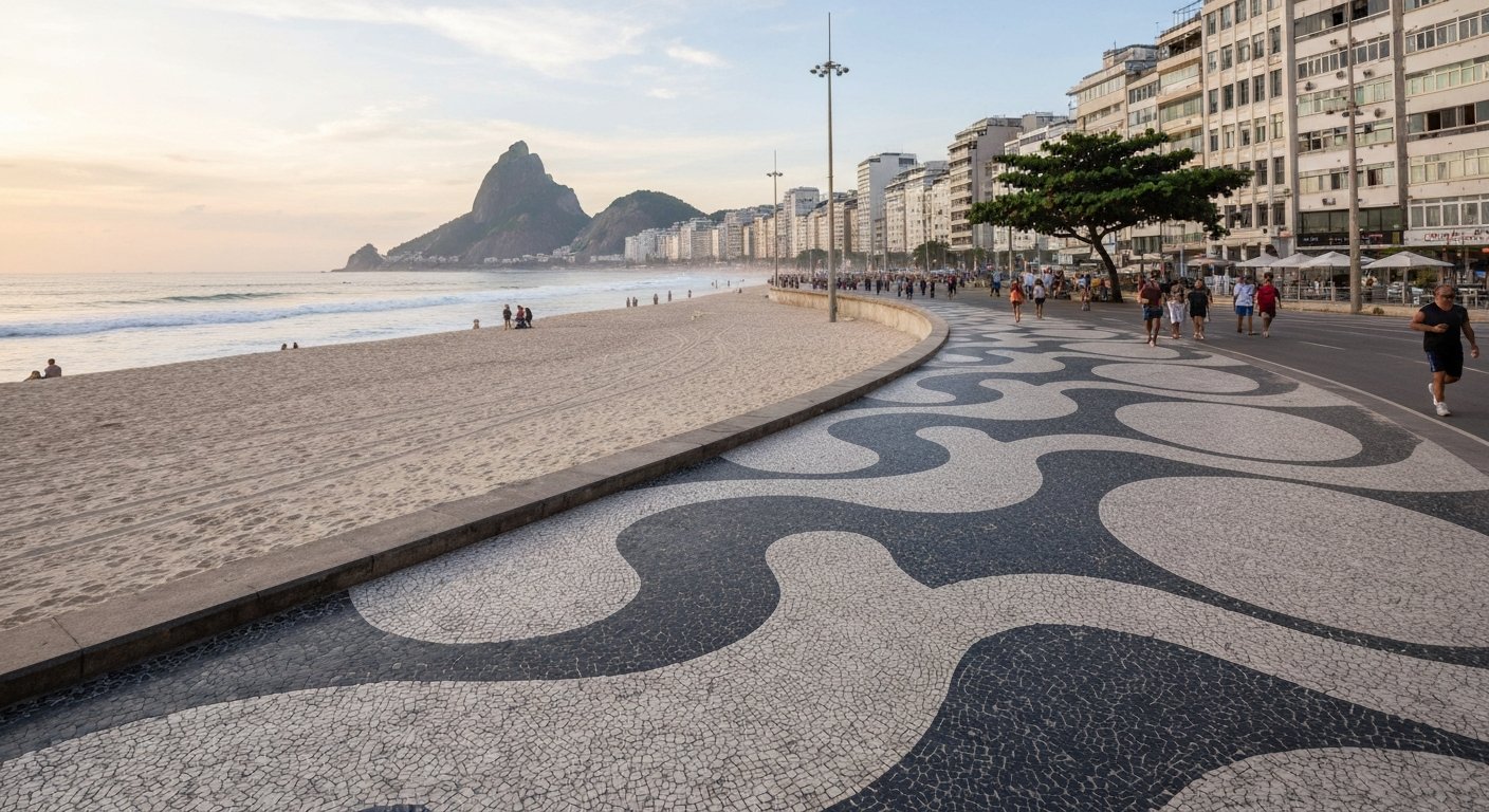 the Copacabana beach promenade’s black-and-white wave mosaic curving along the sand at late afternoon, with walkers, joggers and the Atlantic surf beyond