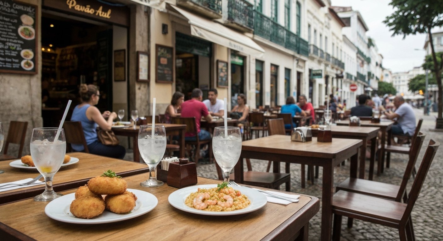 Pavão Azul on Rua Hilário de Gouveia with its corner tables full, cold chopp glasses and plates of cod fritters and shrimp risotto in warm daylight