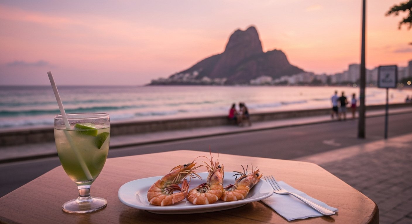 a sunset caipirinha and grilled prawns served at a beachfront quiosque on Avenida Atlântica, with the promenade and fading pink sky behind