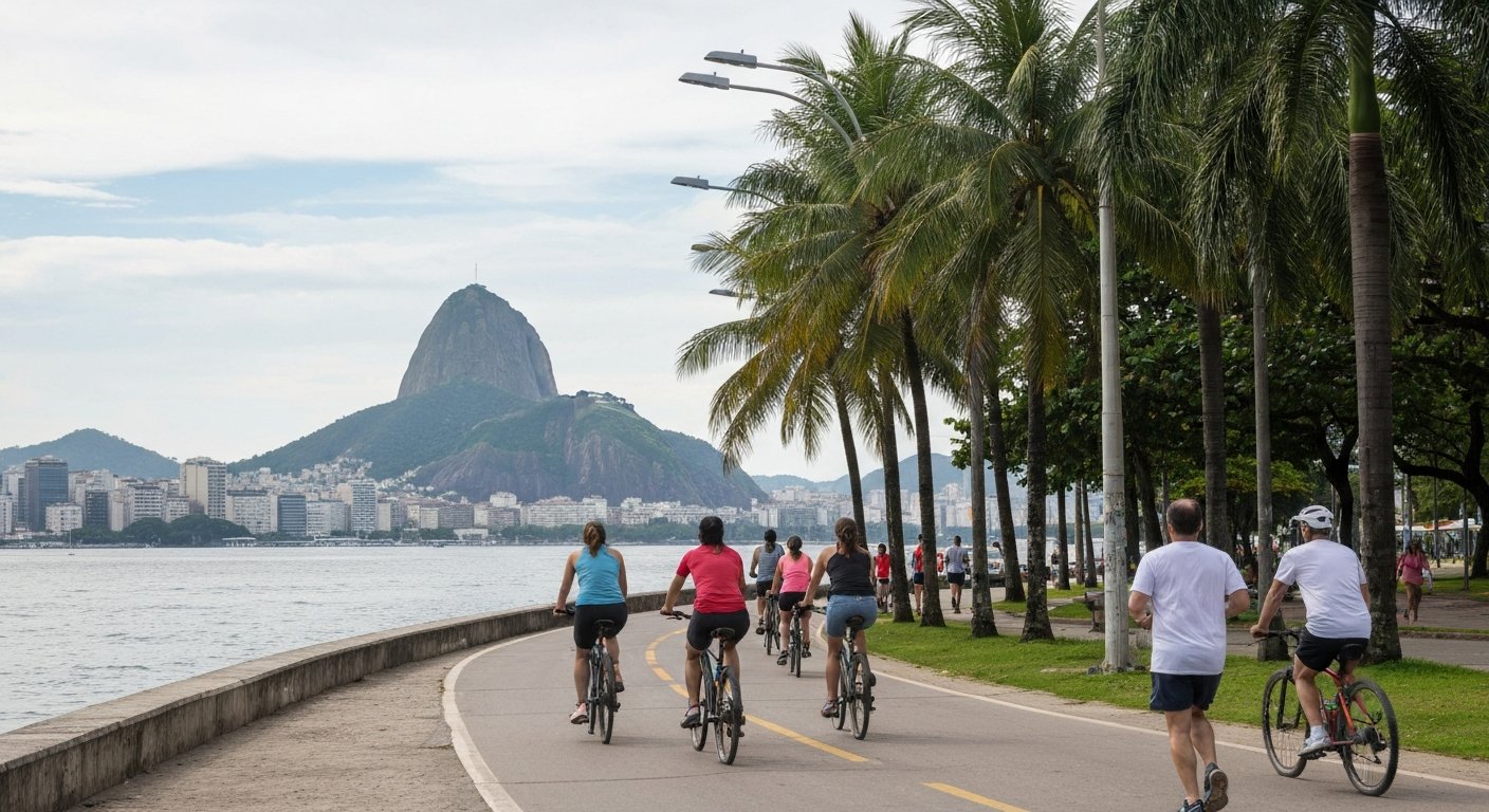 Sunday morning cyclists and joggers on the Aterro do Flamengo waterfront path, Sugarloaf visible across Guanabara Bay and Burle Marx palm groves in the foreground