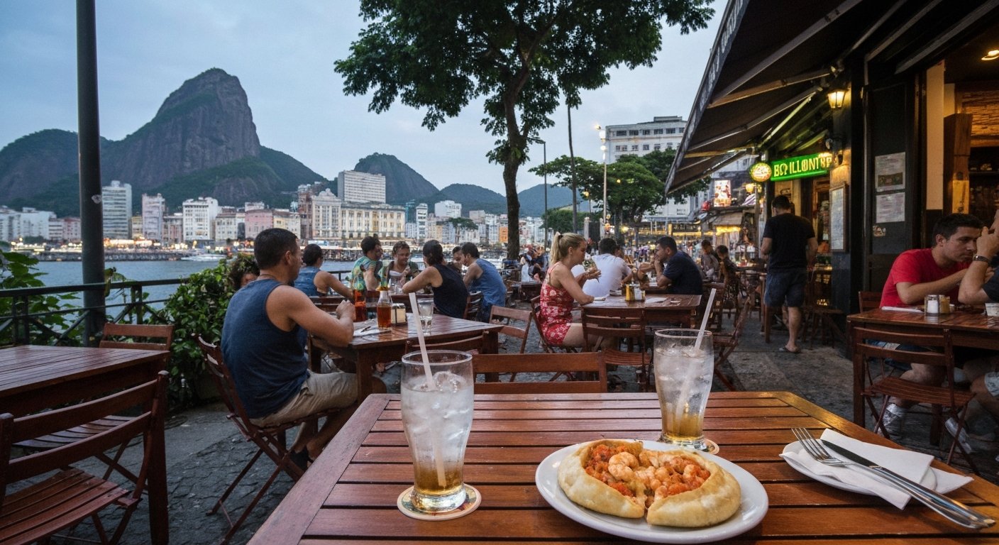 Boteco Belmonte on Praia do Flamengo 300 at dusk, terrace tables packed with regulars, chilled chopp glasses and the famous open shrimp-and-catupiry empada on the table