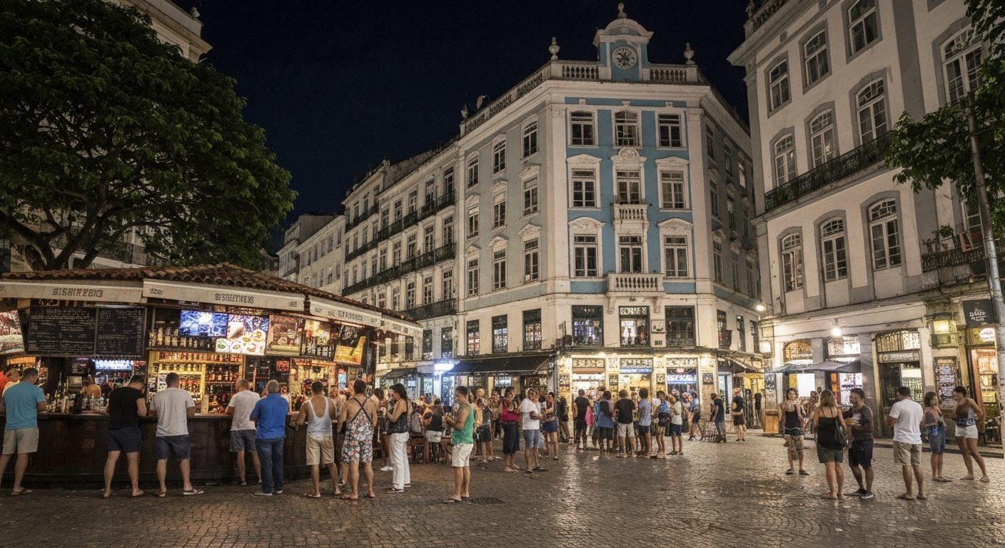 Praça São Salvador at night, bar fronts glowing around the square, people standing with caipirinhas while a samba roda plays in the open air
