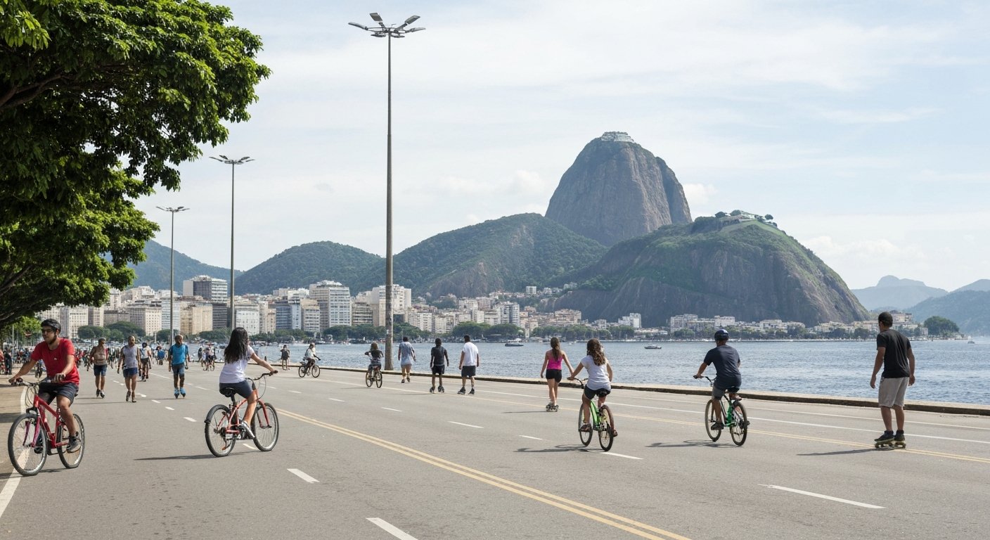 the Aterro do Flamengo on a car-free Sunday, families on rented bikes and skaters sharing the wide promenade with Sugarloaf and the bay beyond