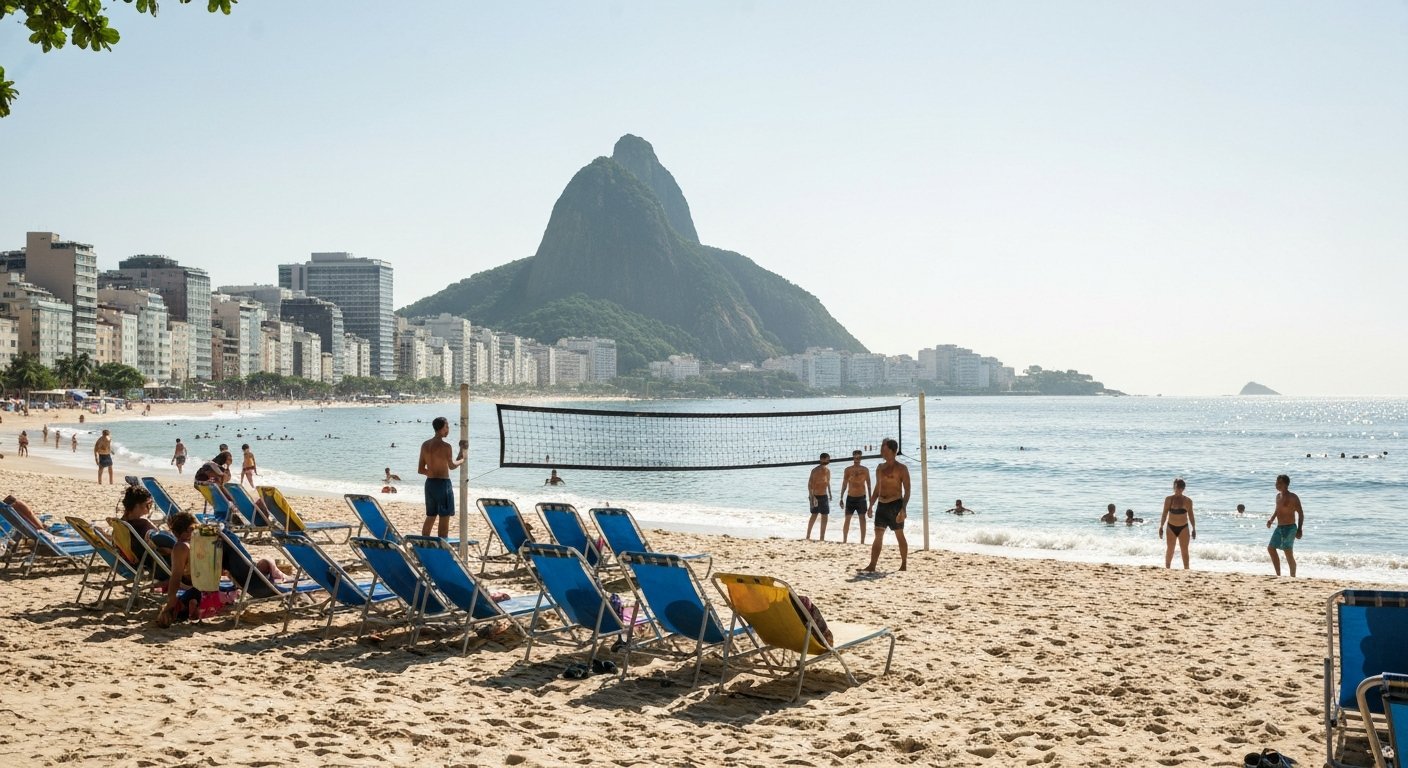 Posto 9 on Ipanema Beach at late morning, beach chairs, foot-volley players and swimmers under bright Rio sun with the Atlantic glittering behind them