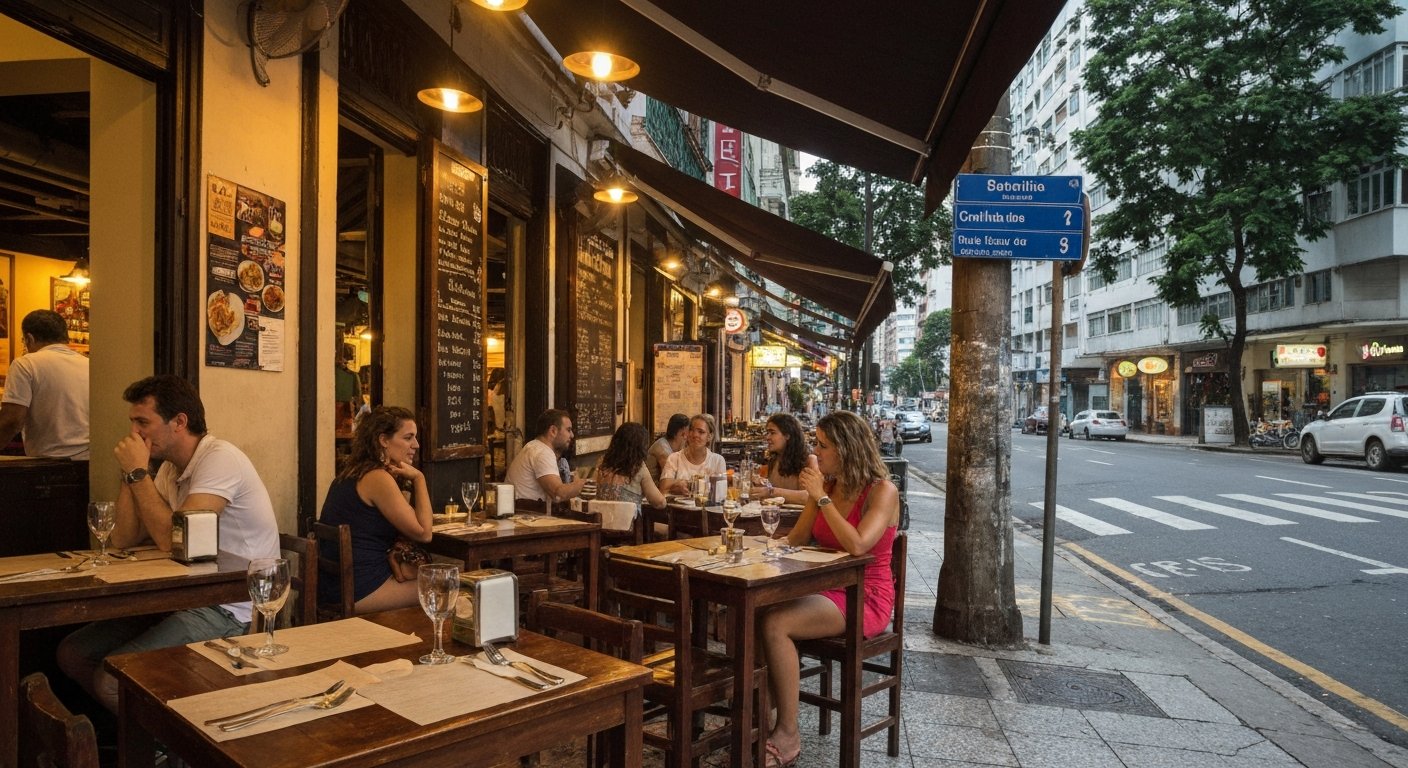 Garota de Ipanema on Rua Vinícius de Moraes in the early evening, corner tables, warm interior light and the street sign visible outside