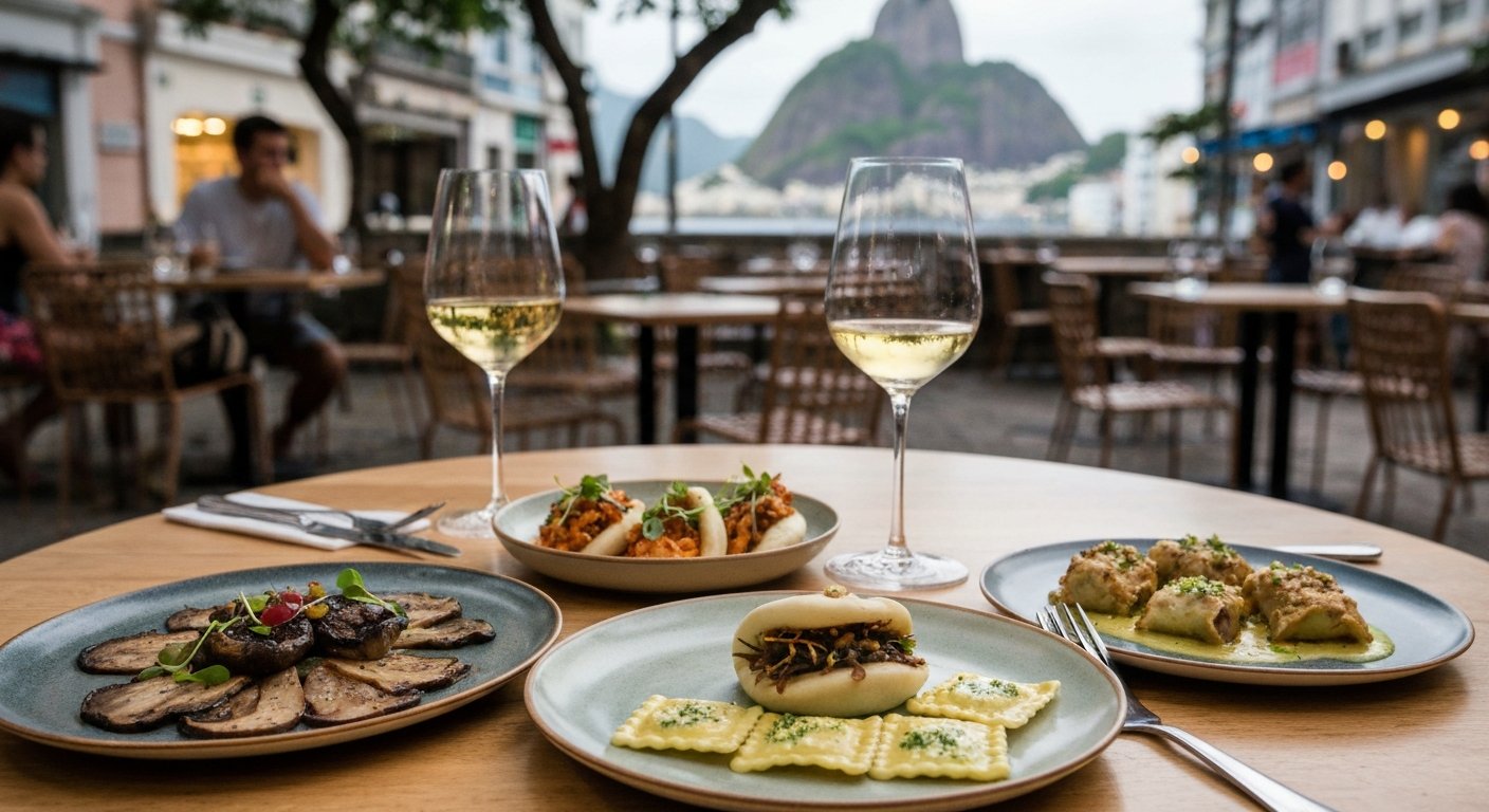 a shared spread at Teva with portobello carpaccio, hiratake bao and tofu-ricotta raviolone on a lively dinner table