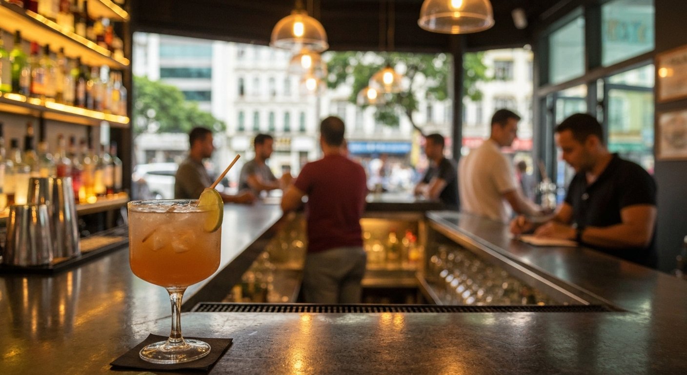 the cocktail counter at Oti on Rua Barão da Torre, with a dendê-infused Vieux Oti and warm low light over the bar
