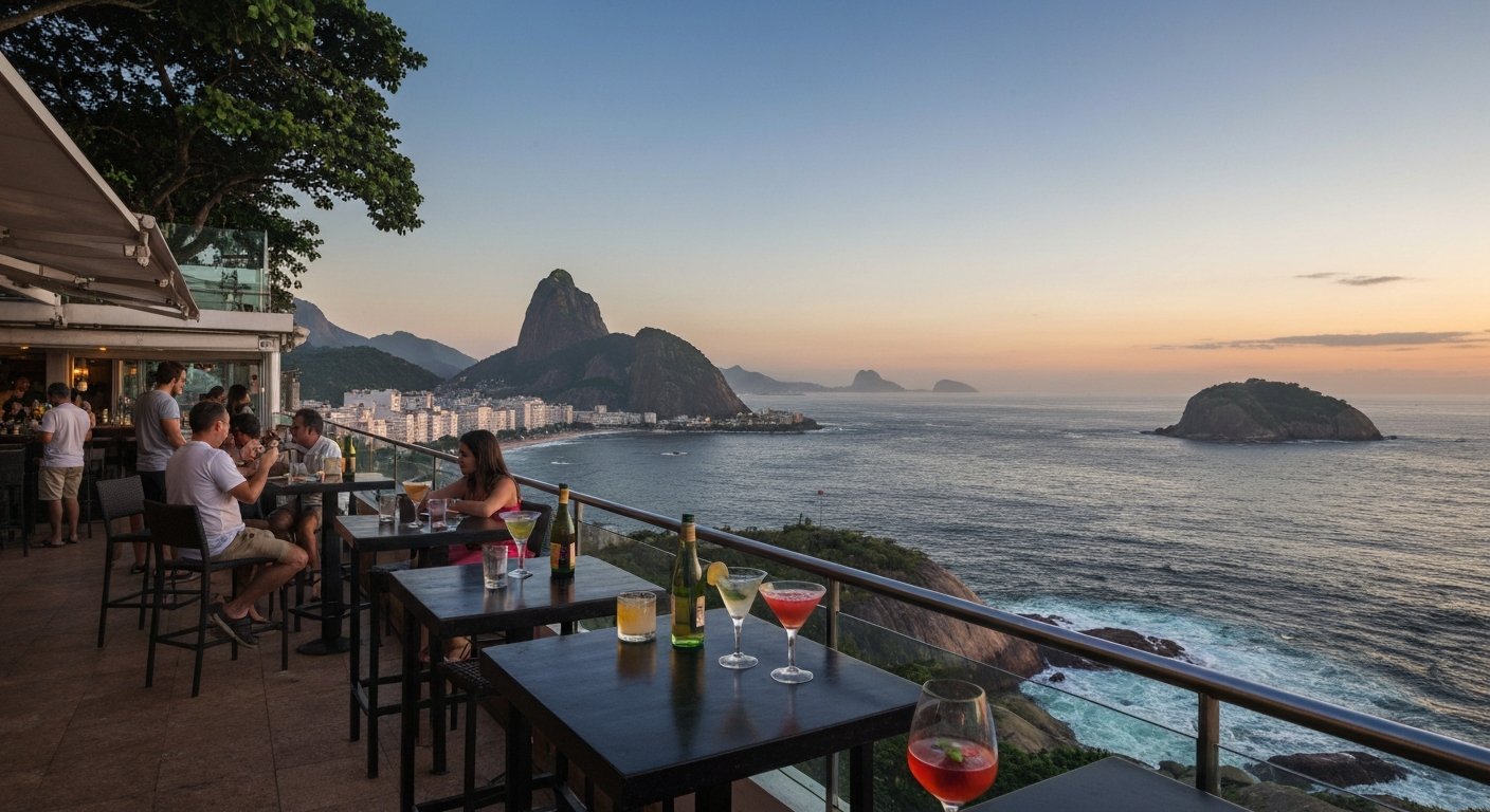 arp bar at Hotel Arpoador at sunset, cocktails on the terrace with the Arpoador rocks and glowing Atlantic horizon beyond