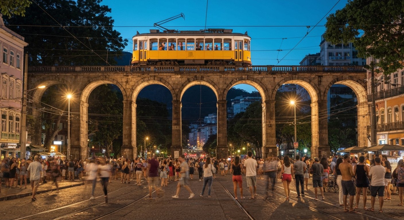 the Arcos da Lapa floodlit at night, the yellow Santa Teresa tram crossing the top of the 18th-century aqueduct above a crowd gathering below