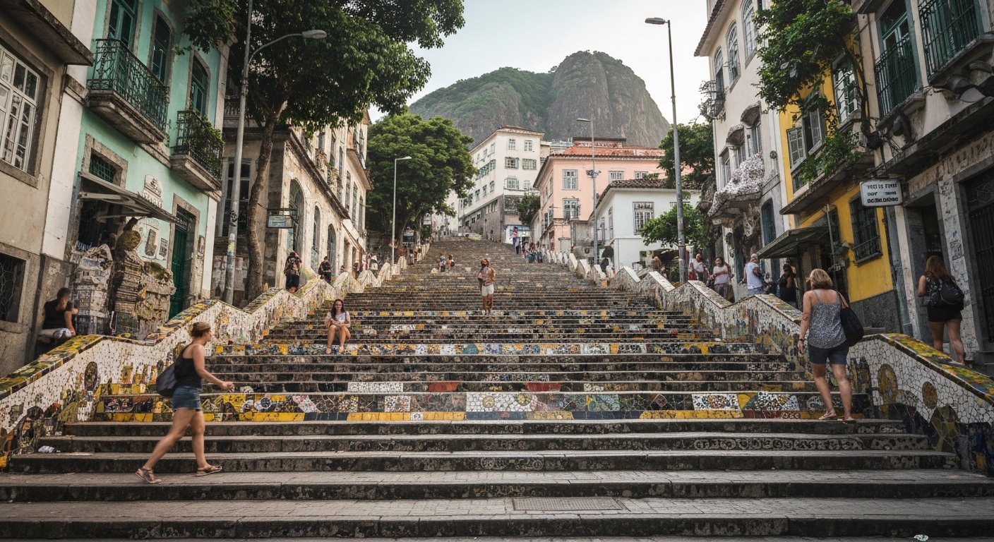 the Escadaria Selarón in late-afternoon light, its bright mosaic tiles climbing steeply toward Santa Teresa with a few visitors on the steps