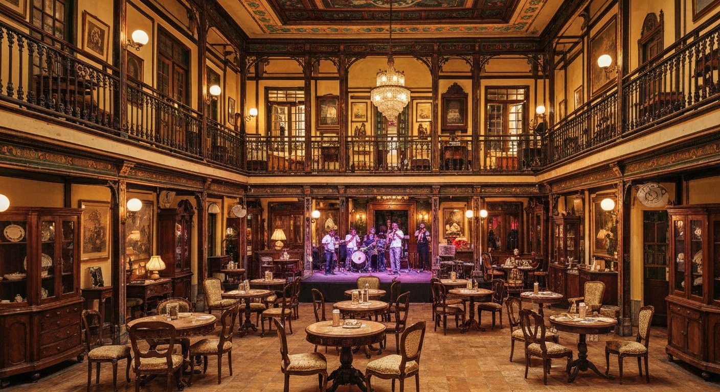 the interior of Rio Scenarium, three floors of antique-filled rooms with vintage furniture, warm lamplight and a live samba band on stage