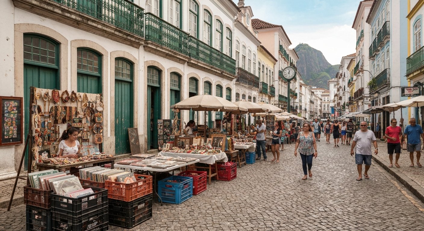 Feira do Rio Antigo on Rua do Lavradio during the day, antique stalls, vinyl crates, craft tables and an afternoon samba roda under restored colonial buildings