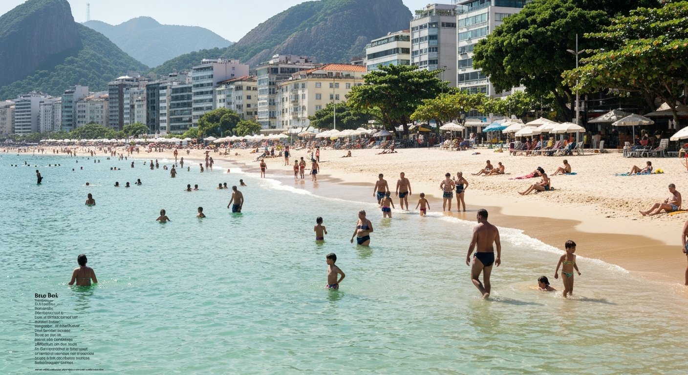 Baixo Bebê near Posto 12 on Praia do Leblon, shallow green water under soft shade with families and a toddler-friendly shoreline at midday