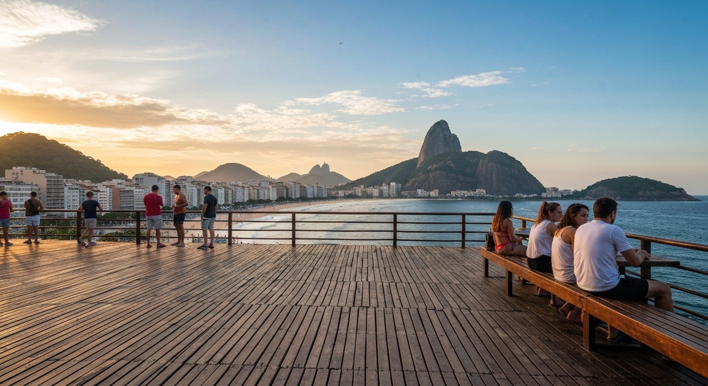 the wooden deck of Mirante do Leblon at golden hour, looking over the curve of Praia do Leblon toward Ipanema and the twin peaks of Morro Dois Irmãos