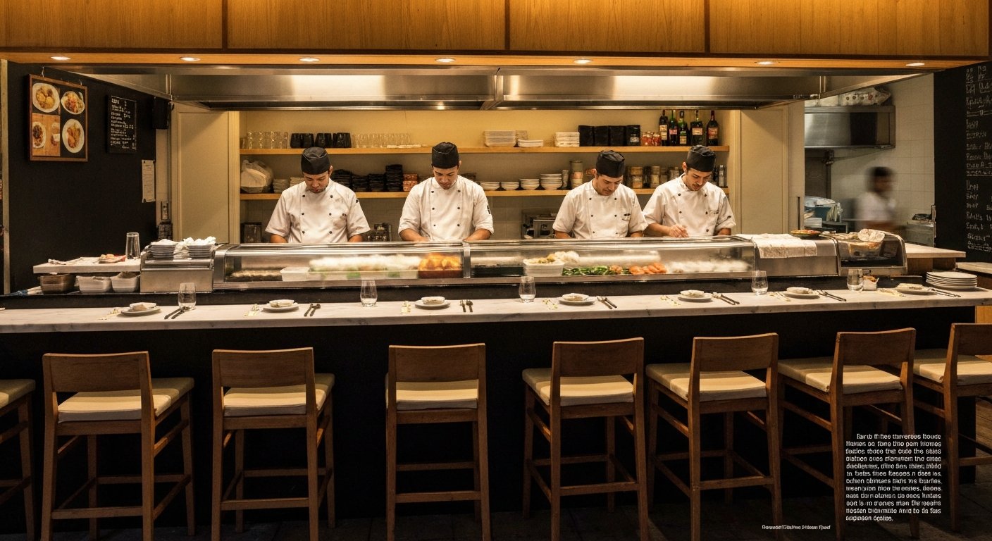 Sushi Leblon on Rua Dias Ferreira, intimate sushi counter with chefs at work under warm evening light and a compact dining room atmosphere