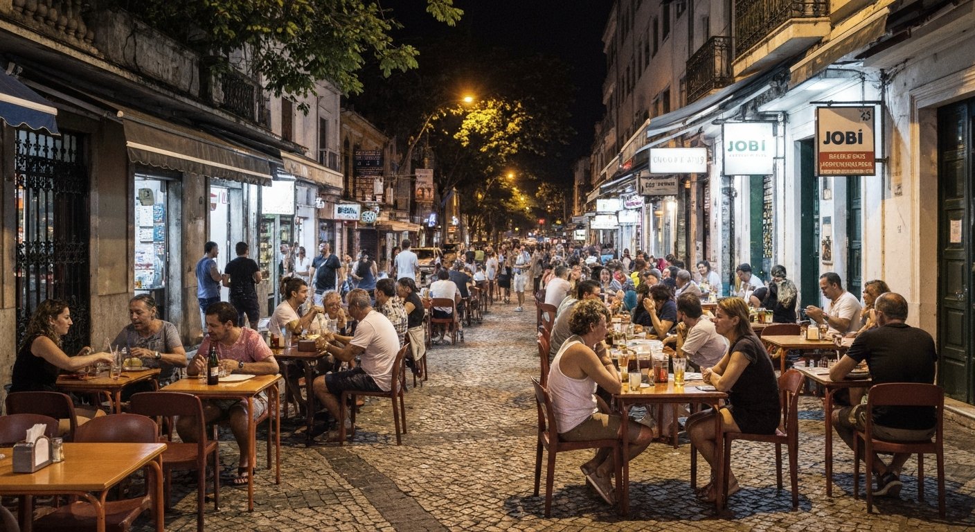 Jobi on Avenida Ataulfo de Paiva at night, packed pavement tables with cold chopp glasses, boteco plates and neighbours talking under streetlights