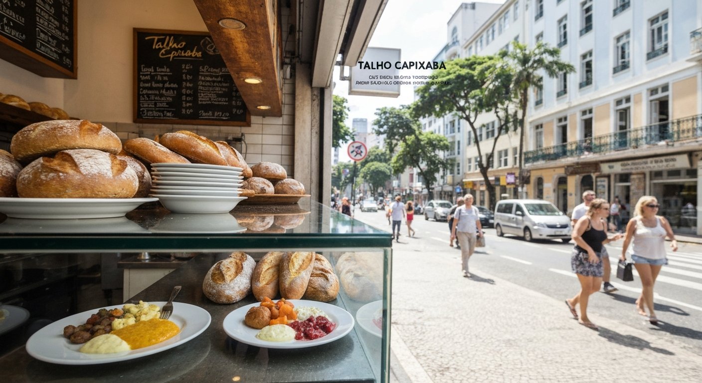 Talho Capixaba bakery counter on Avenida Ataulfo de Paiva, long-fermentation breads and brunch plates behind glass in bright morning light