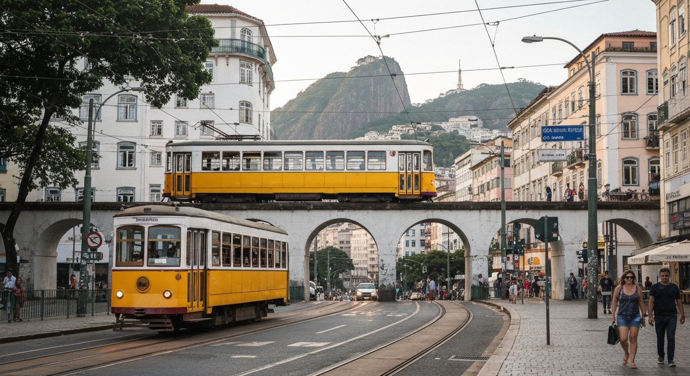 the yellow Bonde de Santa Teresa tram crossing the Arcos da Lapa aqueduct at morning light, with the white arches below and the hill rising ahead