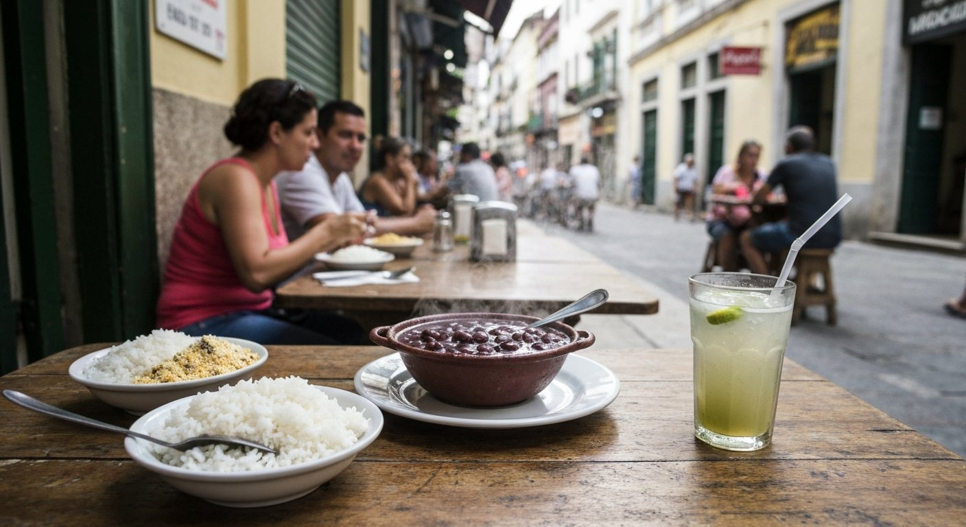 a crowded lunch table at Bar do Mineiro with a steaming feijoada completa, bowls of rice and farofa, and a caipirinha on a worn wooden table