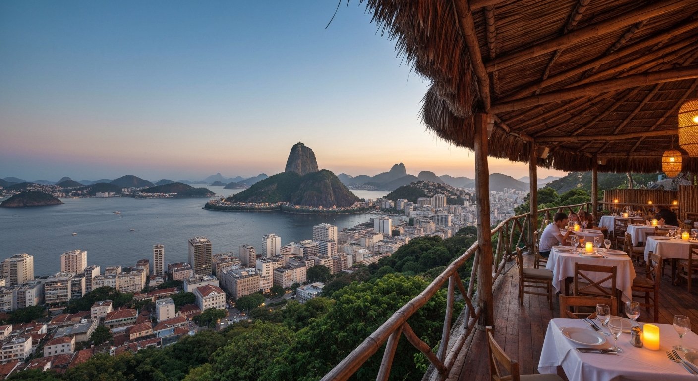 the hilltop terrace at Aprazível at sunset, with table candles, thatched roofing, and Centro and Guanabara Bay spread out below