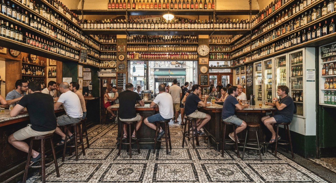 the mosaic-floored interior of Armazém São Thiago (Bar do Gomez), with stacked bottles to the ceiling and a busy weekend crowd over caipirinhas