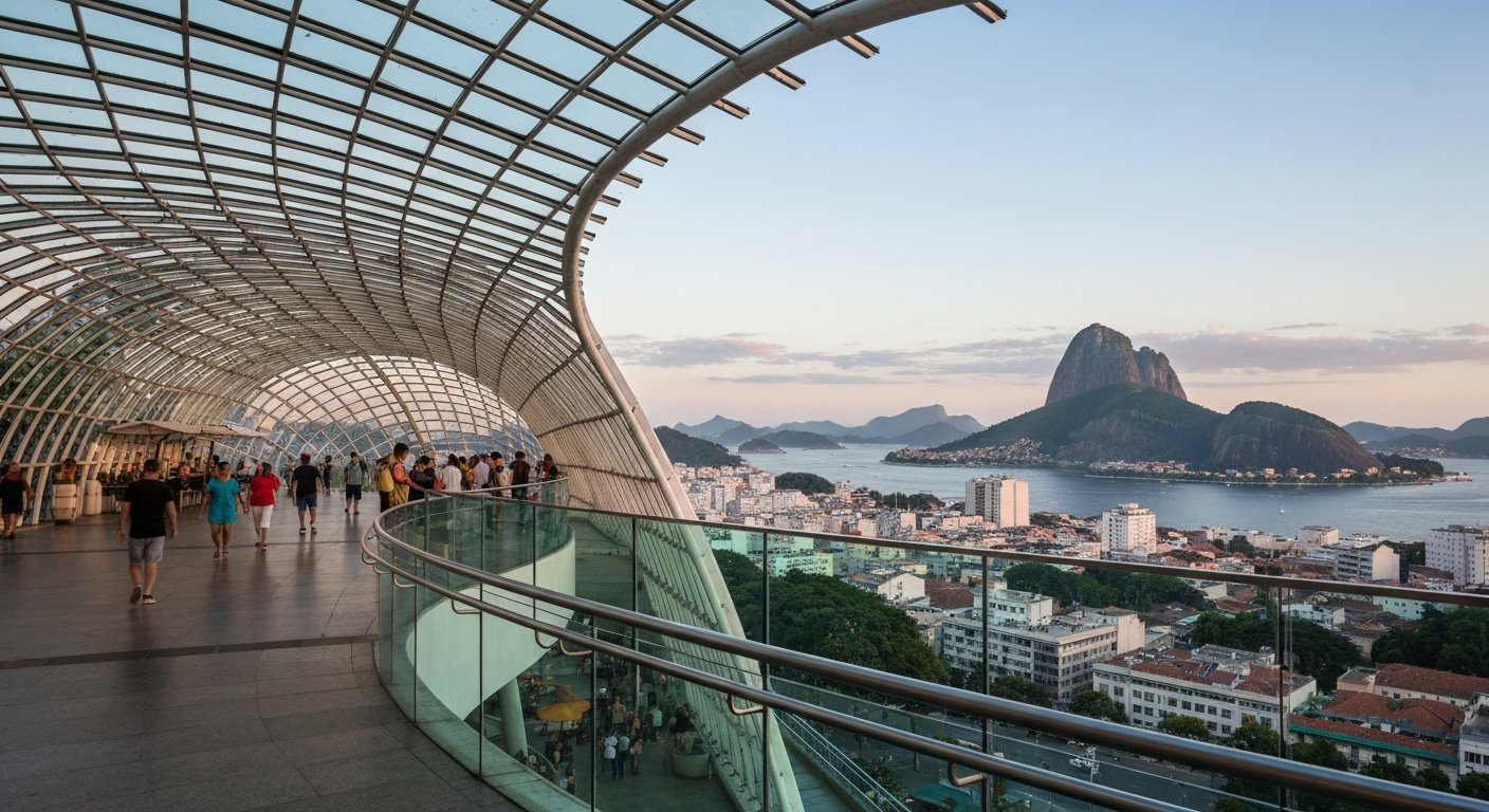 the roofless shell and glass walkways of Parque das Ruínas, with a wide terrace view over Centro and Guanabara Bay in late afternoon light