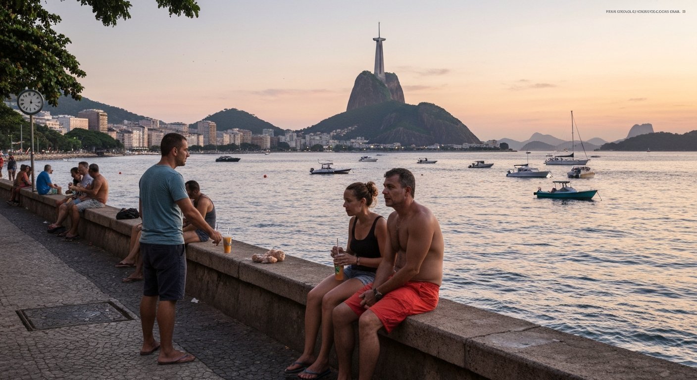 the Mureta da Urca at dusk on Rua Cândido Gaffrée, locals sitting on the seawall with chopp cups, boats on Guanabara Bay and Cristo Redentor across the water