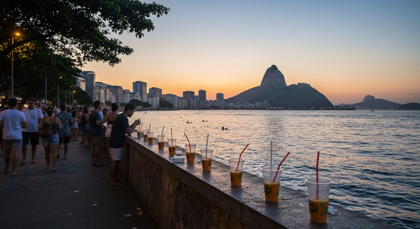 sunset crowd on the Mureta da Urca, plastic chopp cups on the seawall, Sugarloaf silhouetted and city lights starting to glow over Botafogo Cove