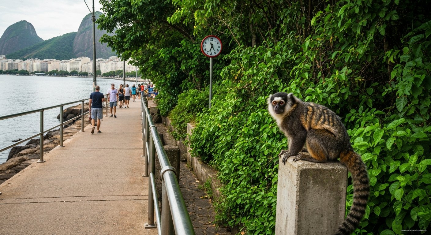 the Pista Cláudio Coutinho trail at the foot of Urca hill, flat paved path by the water with dense greenery and a wild marmoset on the railing